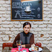 современная кофейня, молодая девушка сидит за столом к ней подошел официант с меню, на стене вывеска кофемания, на заднем плане десерты, на столе стоит маленькая белая вазочка с оранжевой герберой