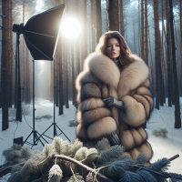 Фотоссессия девушки в шубе в зимнем еловом лесу 