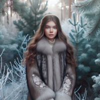 Фото девушки в шубе в зимнем еловом лесу 